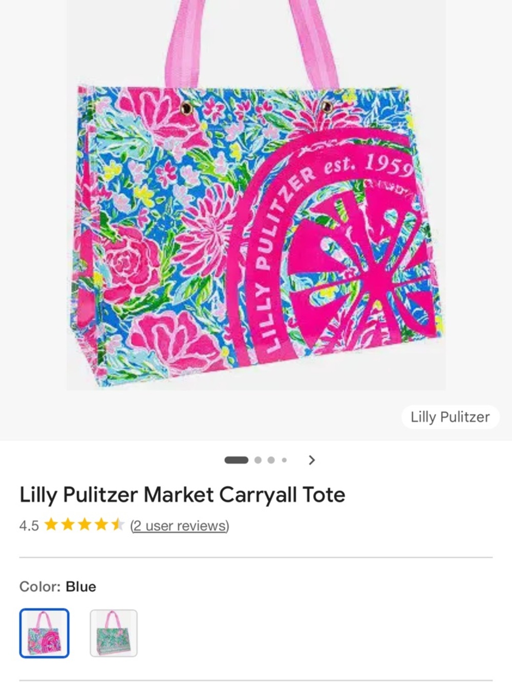 Lilly Pulitzer Blue Floral Market Tote with Bright Pink Accents.
